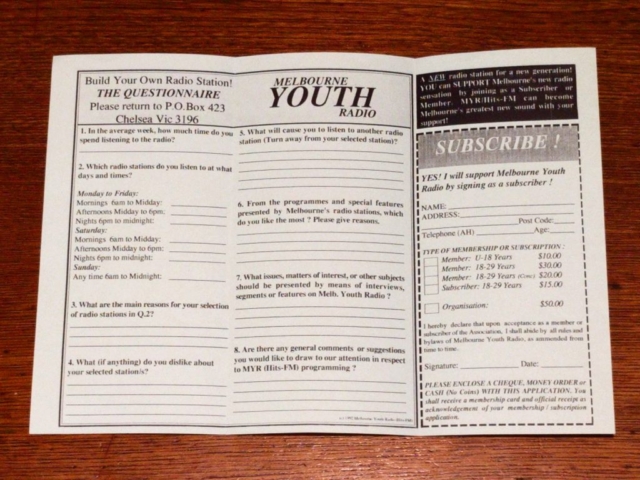 "Build Your Own Radio Station" survey, distributed before 1st Hitz broadcast (October 1994)