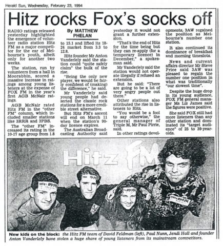 Article re Hitz FM ratings triumph - Herald Sun (Feb 1994)