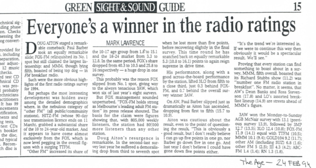 Hitz FM article in The Age Green Guide - February 1994