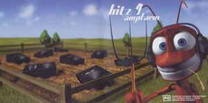 Cover art - Hitz FM CD 'Ampfarm' showing a rendered Ant growing loudspeakers on a farm