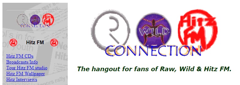 A very 90s logo for the Geocities website "The Raw Wild Hitz Connection". The word 'connection' is in 3D extruded gold and blue. Very 90s.