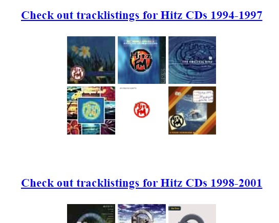 A screenshot from the Hitz CDs page of the 'Raw Wild Hitz Connection'  The heading says 'Check out track listings for Hitz CDs 1994-1997'