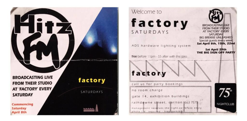 Front and Back views of a Factory club pass for the 75th Squadron nightclub