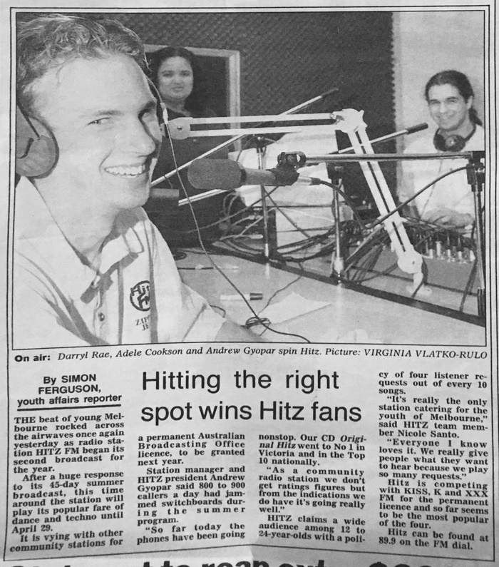 Herald-Sun Article about Hitz FM's 5th broadcast / 8th April 1995.  Mentions the station getting 800 to 900 calls a day, along with the chart success of The Original Hitz CD.